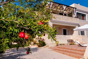 A modern house with stone walls, a balcony, and a pomegranate tree. - Villa Renata with Private Pool, Mountain View, Wi-Fi, and Air Conditioning (Aptera)