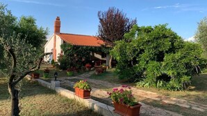 A house with a red-tiled roof, surrounded by a garden with potted plants and a pathway. - Holiday Home Villa Le Punte (Rovinj)