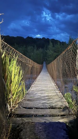 Puinen silta, jonka sivuilla on ketjulinkkiä, johtaa metsäiselle alueelle.
