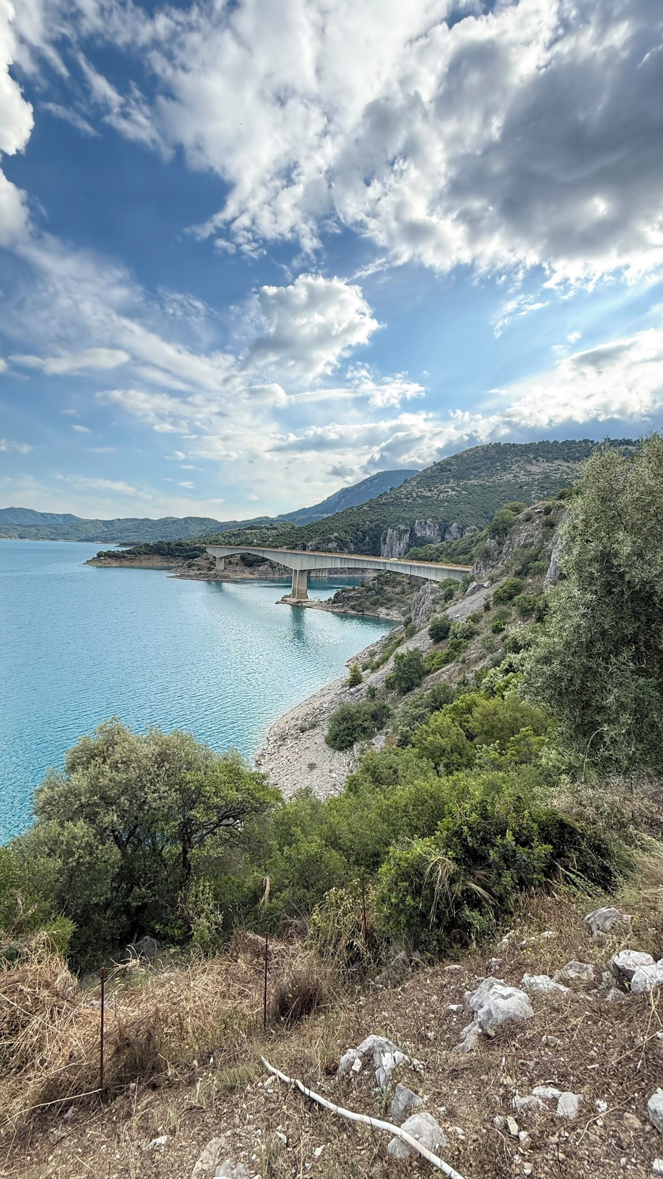 Paesaggio costiero con un ponte, acqua blu cristallina e colline verdi.