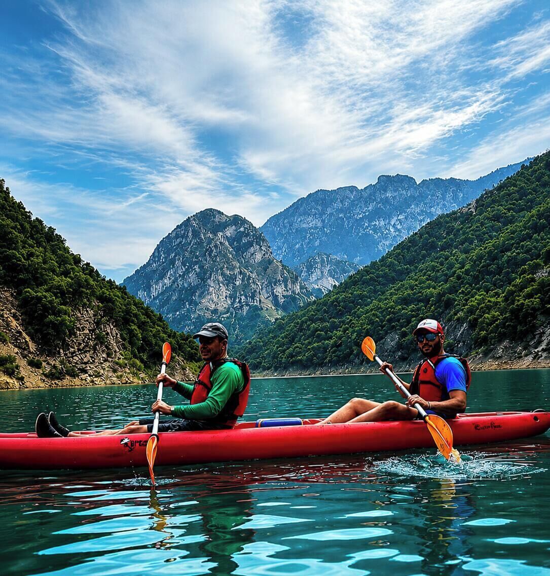 Two people kayaking on a calm lake with mountains in the background.