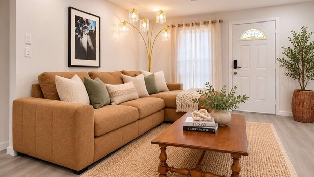 A living room with a sectional sofa, a coffee table with books, a ceiling fan, and a door with a window. - Spacious 3BR Retreat • Sleeps 6 • Free Parking (Arlington)