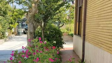 Un bac à fleurs en béton orné de fleurs roses, un arbre et un bâtiment avec un revêtement jaune et des fondations en briques.