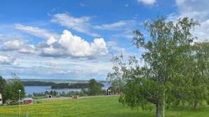 A view from a window with a flower arrangement, a grassy field, a road, and a lake in the distance. - Tullingsåsgården (Strömsund)