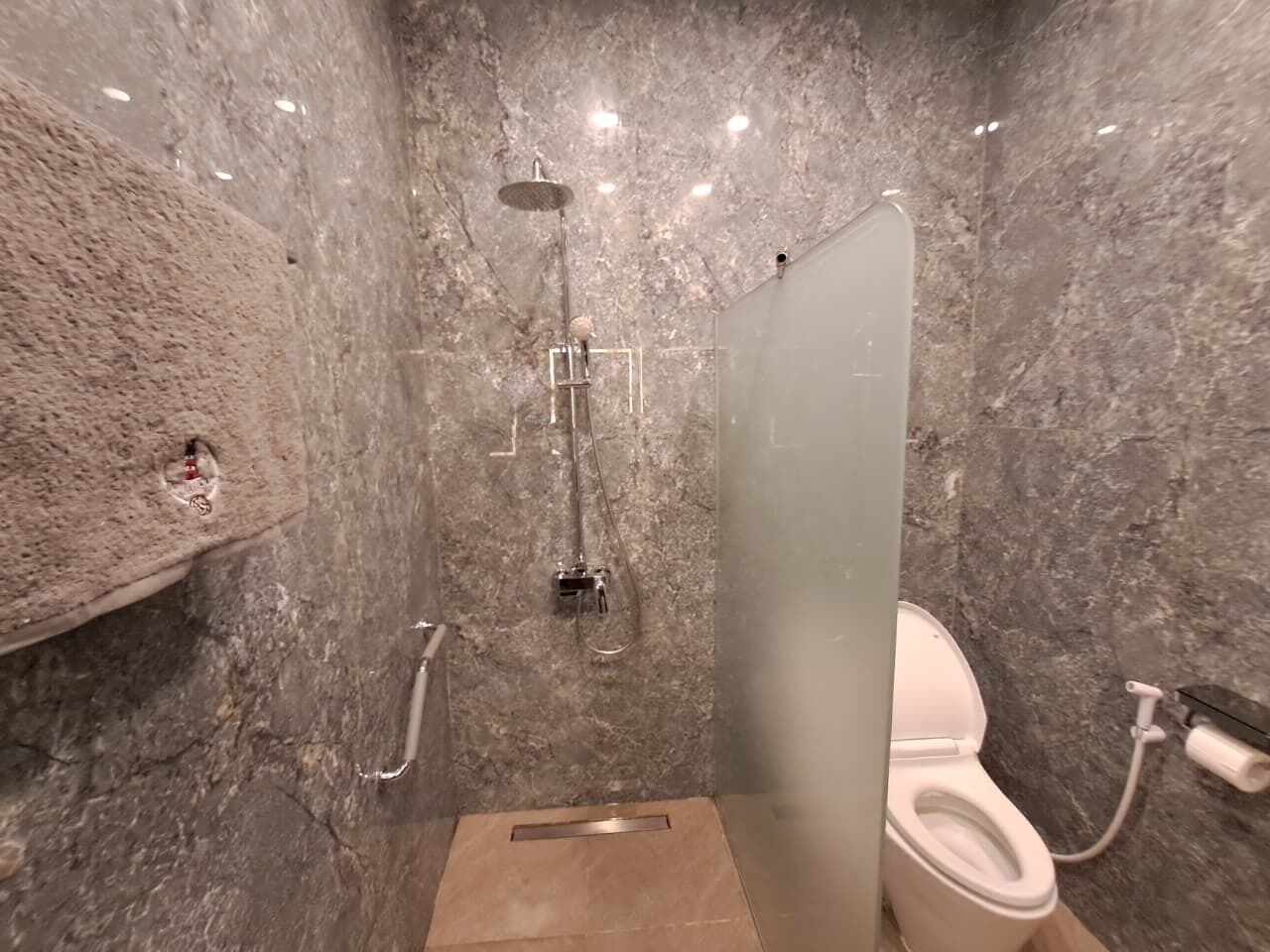 Hair dryer, towels, soap, shampoo