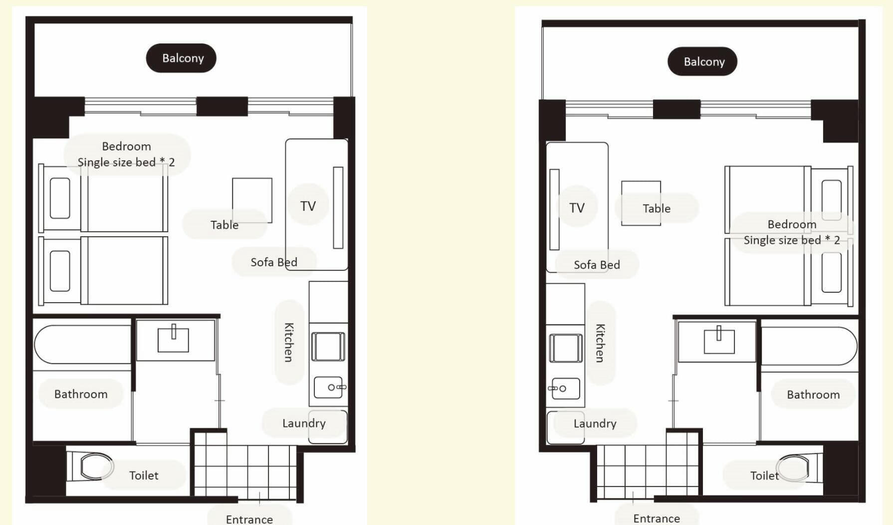 Two floor plans of a hotel room layout with a balcony, a single bedroom with two single beds, a TV, a sofa bed, a table, a kitchen, a bathroom, and a laundry area.