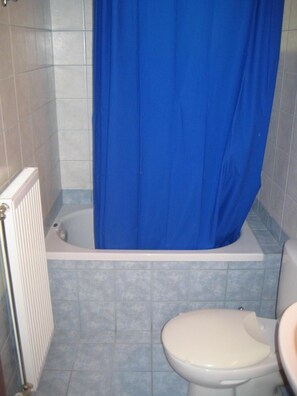 Une salle de bain avec une baignoire, des toilettes et un rideau de douche bleu.