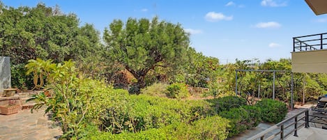 Un jardín ajardinado con diversas plantas y árboles, un sendero de piedra y una barandilla de metal.