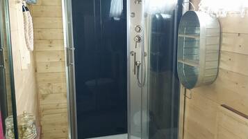 Shower, towels, toilet paper