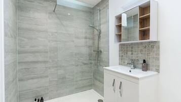 Hair dryer, towels, soap, shampoo
