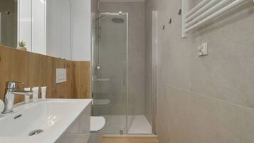 Shower, hair dryer, towels, shampoo