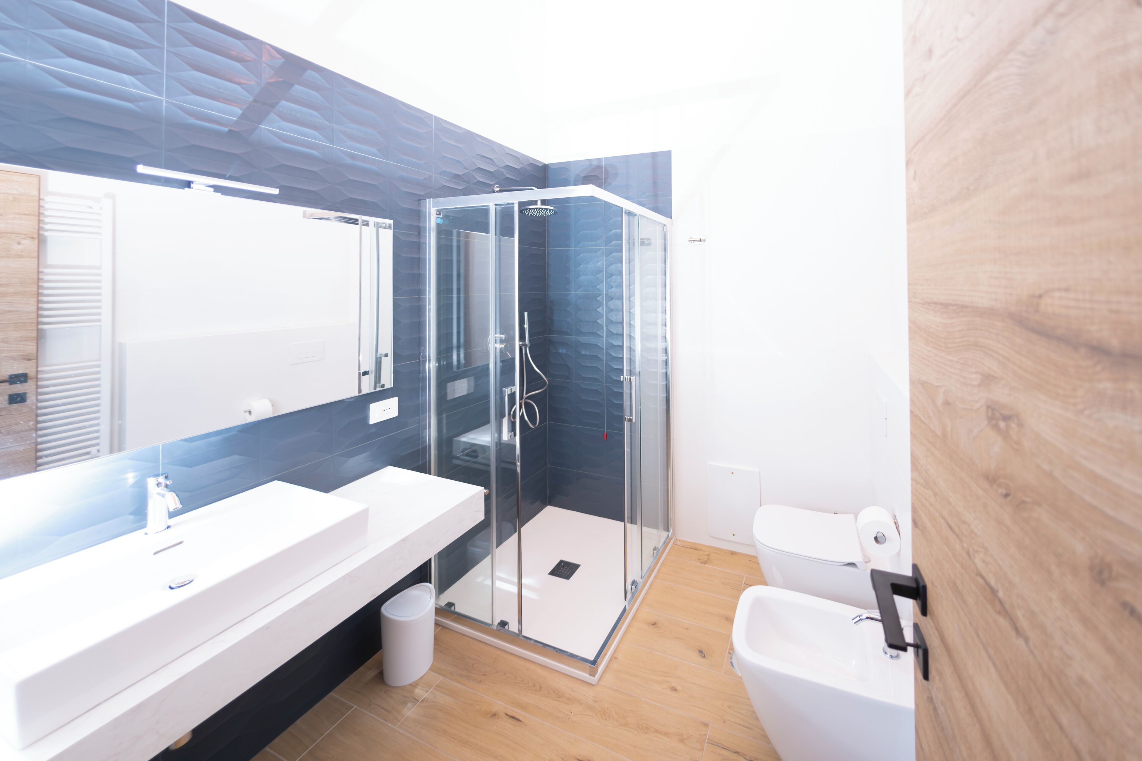 Een douche, een haardroger, een bidet, handdoeken