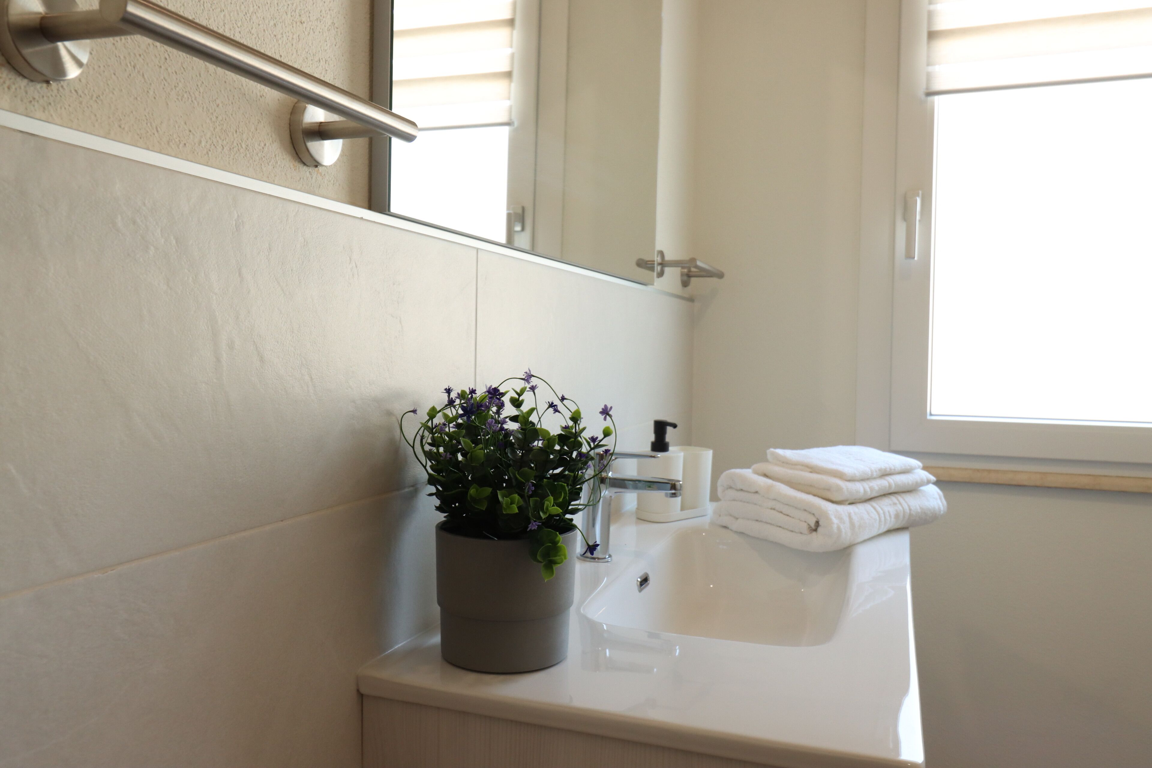A bathroom with a white sink, a potted plant, a towel rack, and a mirror.