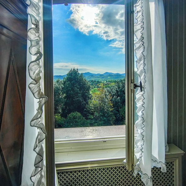 Una ventana con vistas a un paisaje boscoso y montañas distantes.