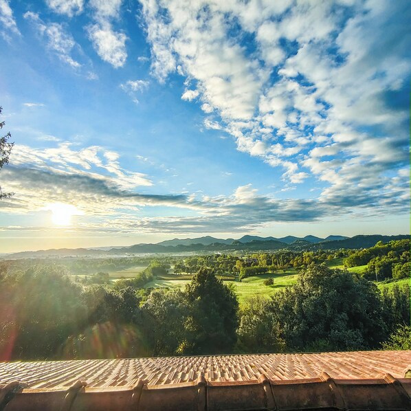 A view from a rooftop terrace with a tiled roof, overlooking a green landscape with trees and distant hills. - Villa Marina (Veneto)