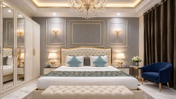 A bedroom with a large bed, bedside lamps, a chandelier, a blue armchair, and a mirror cabinet. - OPO Essential Alpino (New Delhi)