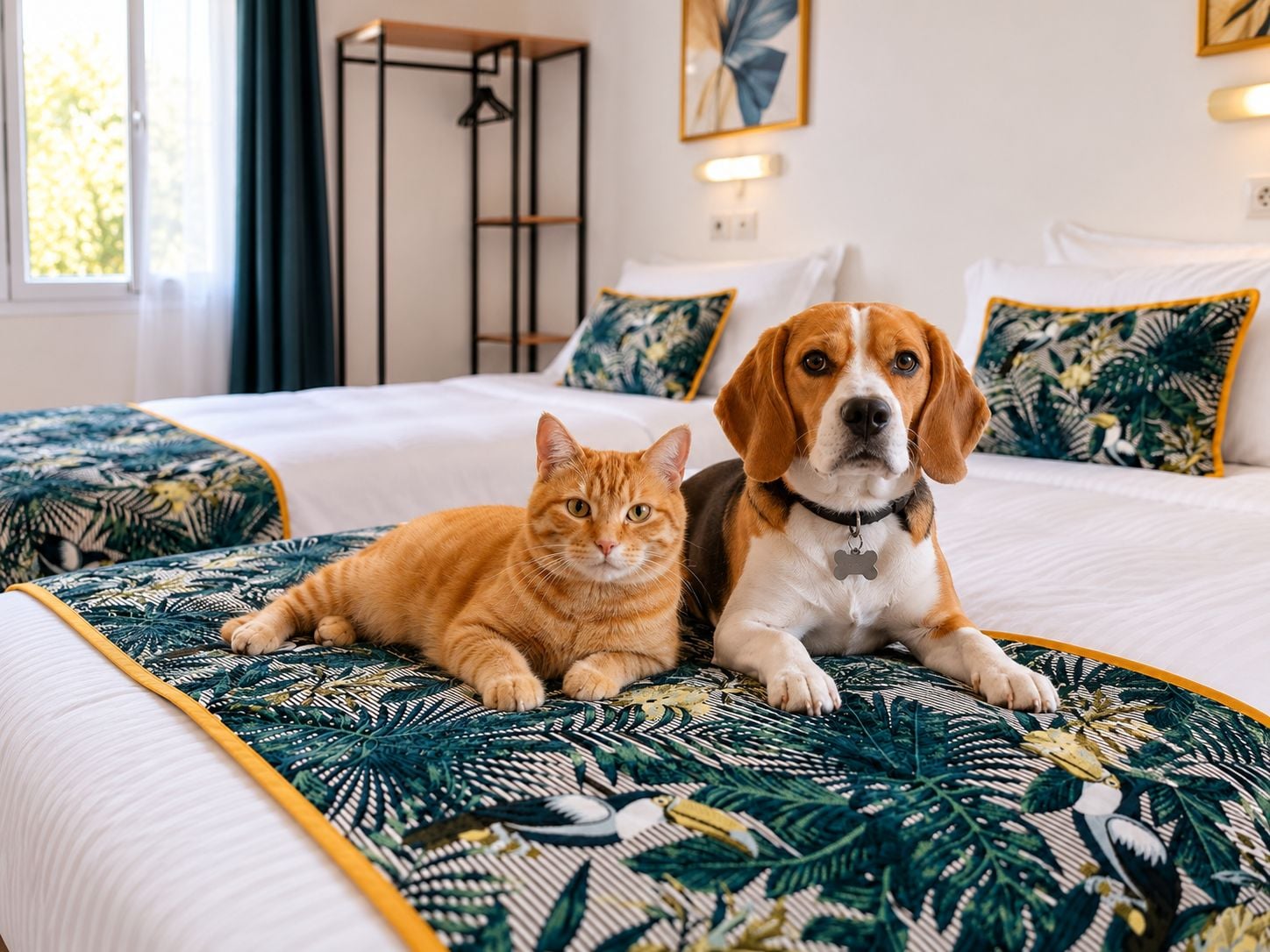 Een bed met een bedsprei met een patroon, een staande hond en een kat die op het bed ligt.