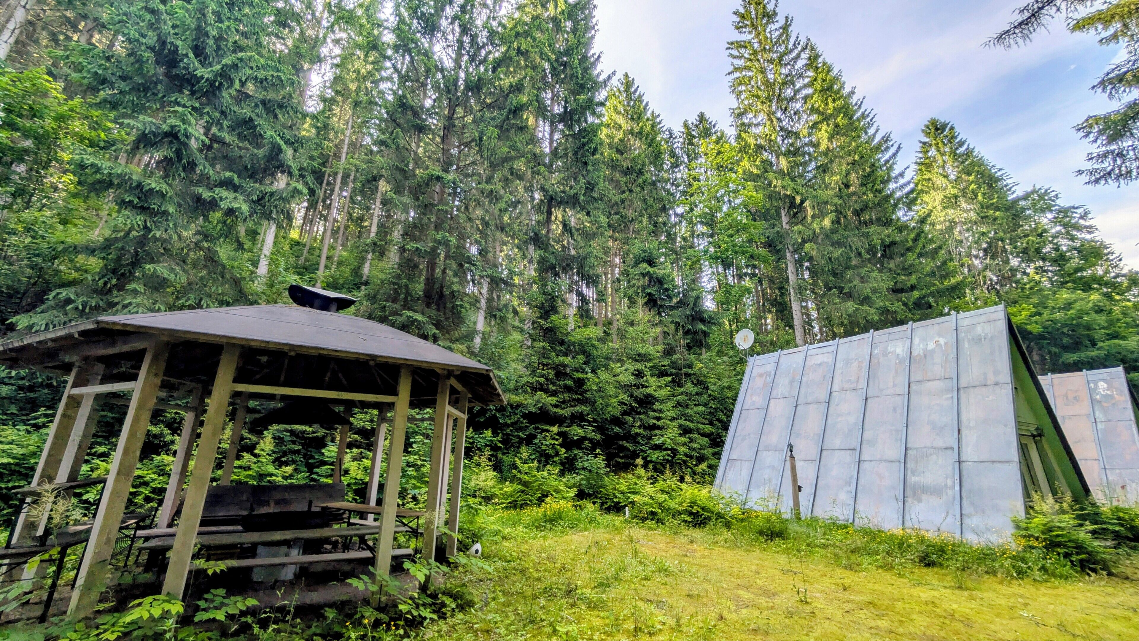 A rustic wooden structure with a roof, surrounded by dense forest.