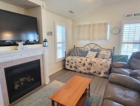 Smart TV, fireplace, books
