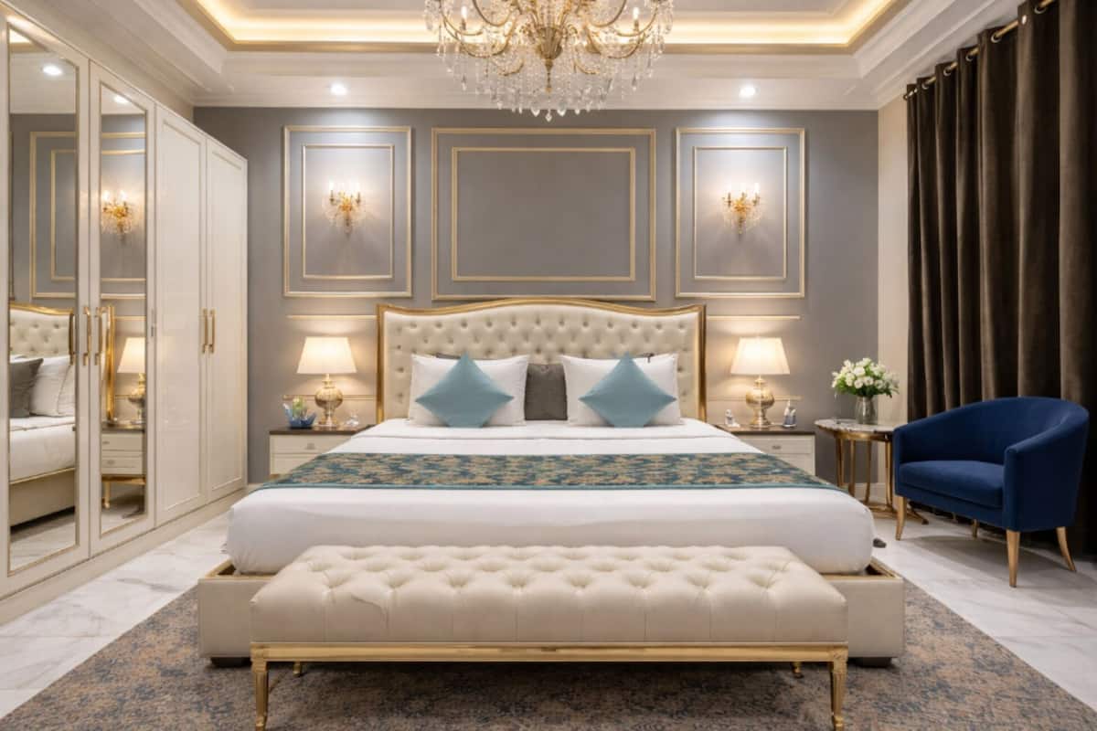 A bedroom with a large bed, bedside lamps, a chandelier, a blue armchair, and a mirror cabinet.