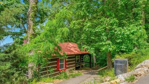A rustic cabin with a red roof, surrounded by dense greenery and a dirt path leading to it. - Secluded Cabin w/ Hot Tub & Stunning Mountain (Sevierville)