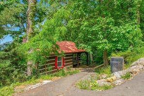 A rustic cabin with a red roof, surrounded by dense greenery and a dirt path leading to it. - Secluded Cabin w/ Hot Tub & Stunning Mountain (Sevierville)