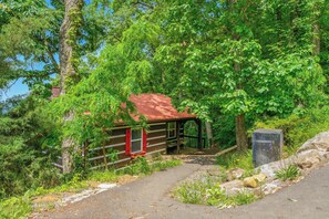 A rustic cabin with a red roof, surrounded by dense greenery and a dirt path leading to it. - Secluded, Stunning Views, Hot Tub, One with Nature, Free Tickets to Dollywood (Sevierville)