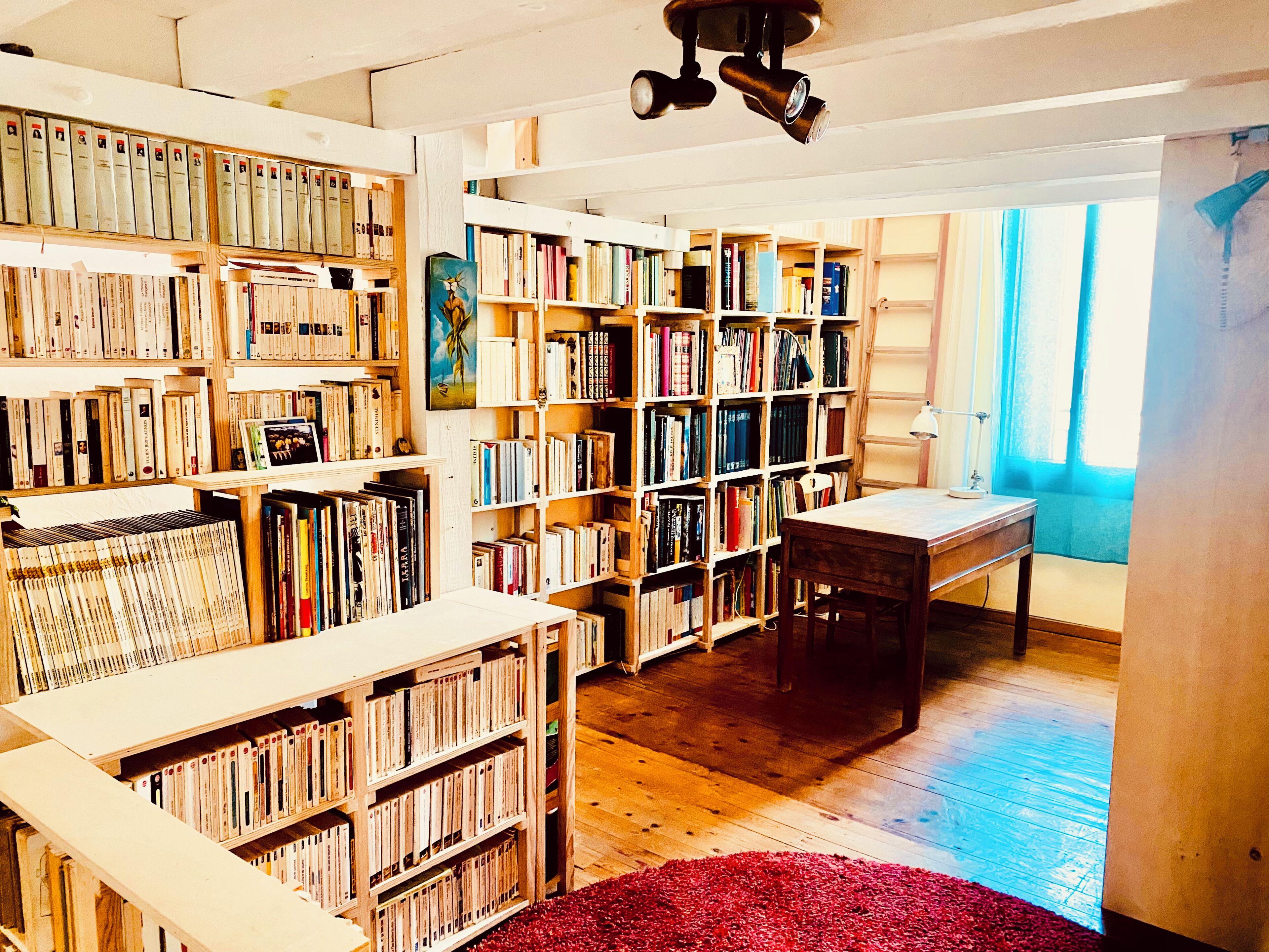 Een kamer met houten boekenplanken vol boeken, een houten bureau en een rood tapijt.