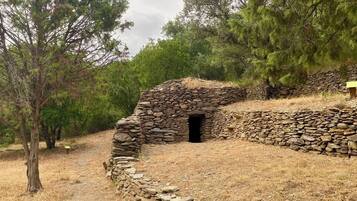 A stone structure with a doorway, surrounded by dry grass and trees.