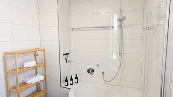 Hair dryer, towels, soap, toilet paper