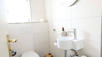 Une petite salle de bain moderne, équipée de toilettes, d’un lavabo et d’un miroir.