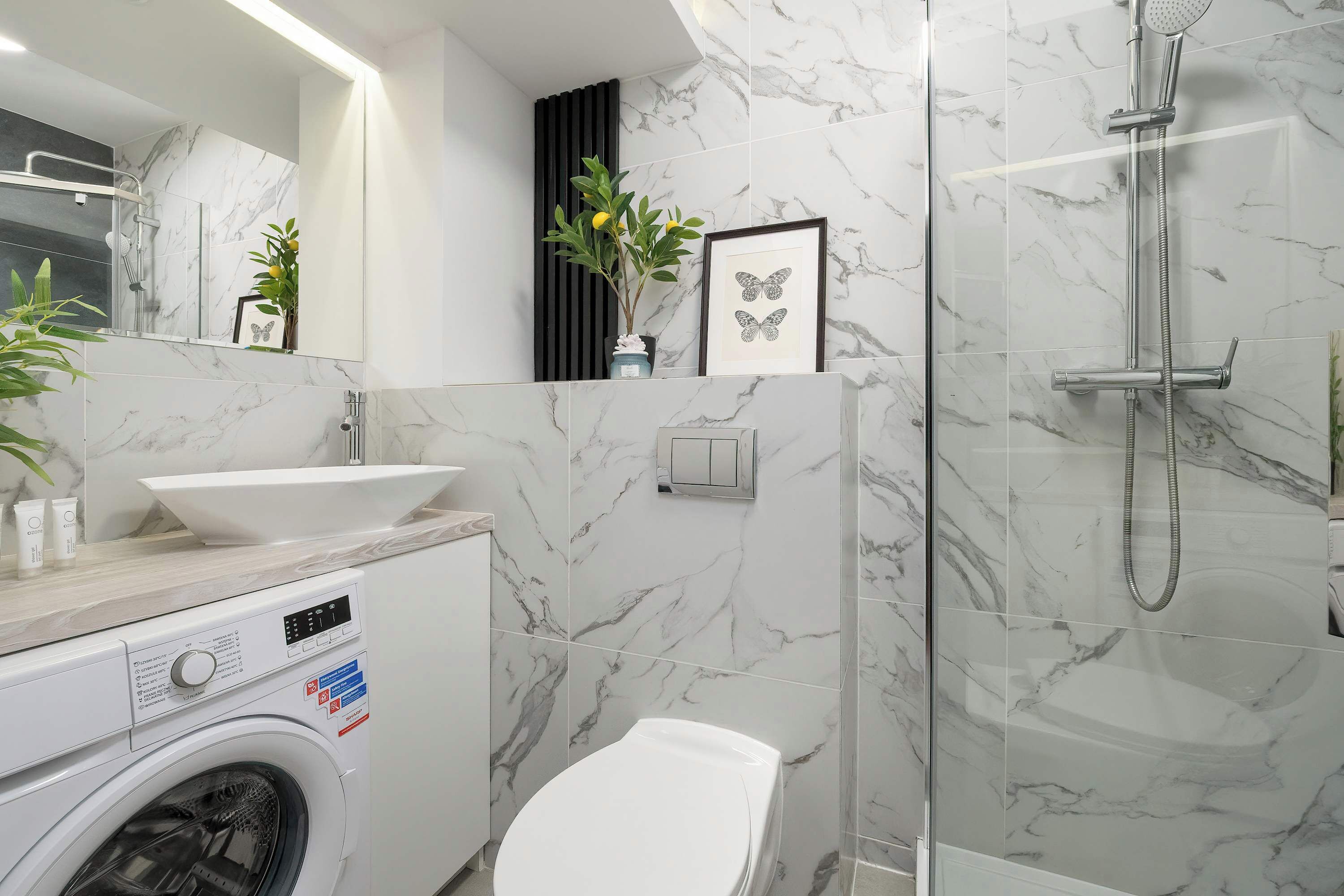 Shower, hair dryer, towels, shampoo