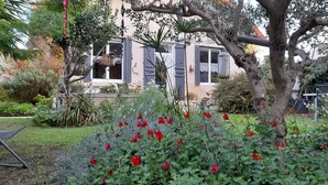 A garden with red flowers, a tree, and a building with shutters.