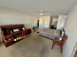 A room with a bed, a desk with a laptop, a chair, a ceiling fan, and a bookshelf. - The two suites at the Marina (Saint francois)