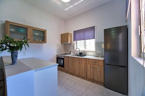 A kitchen with wooden cabinets, a stainless steel refrigerator, a sink, and a window with a blind. - Villa Escapes By The Beach (Sidari)