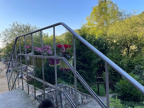 A staircase with metal railings, surrounded by greenery and potted plants. - Stay in the Sternenblick Nature Reserve (Neresheim)
