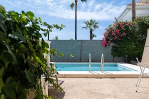 A swimming pool with a brick wall, palm trees, and a house in the background.
