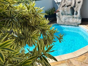 Ein Pool mit einem Wasserfall aus Stein und einer Pflanze mit gefleckten Blättern.