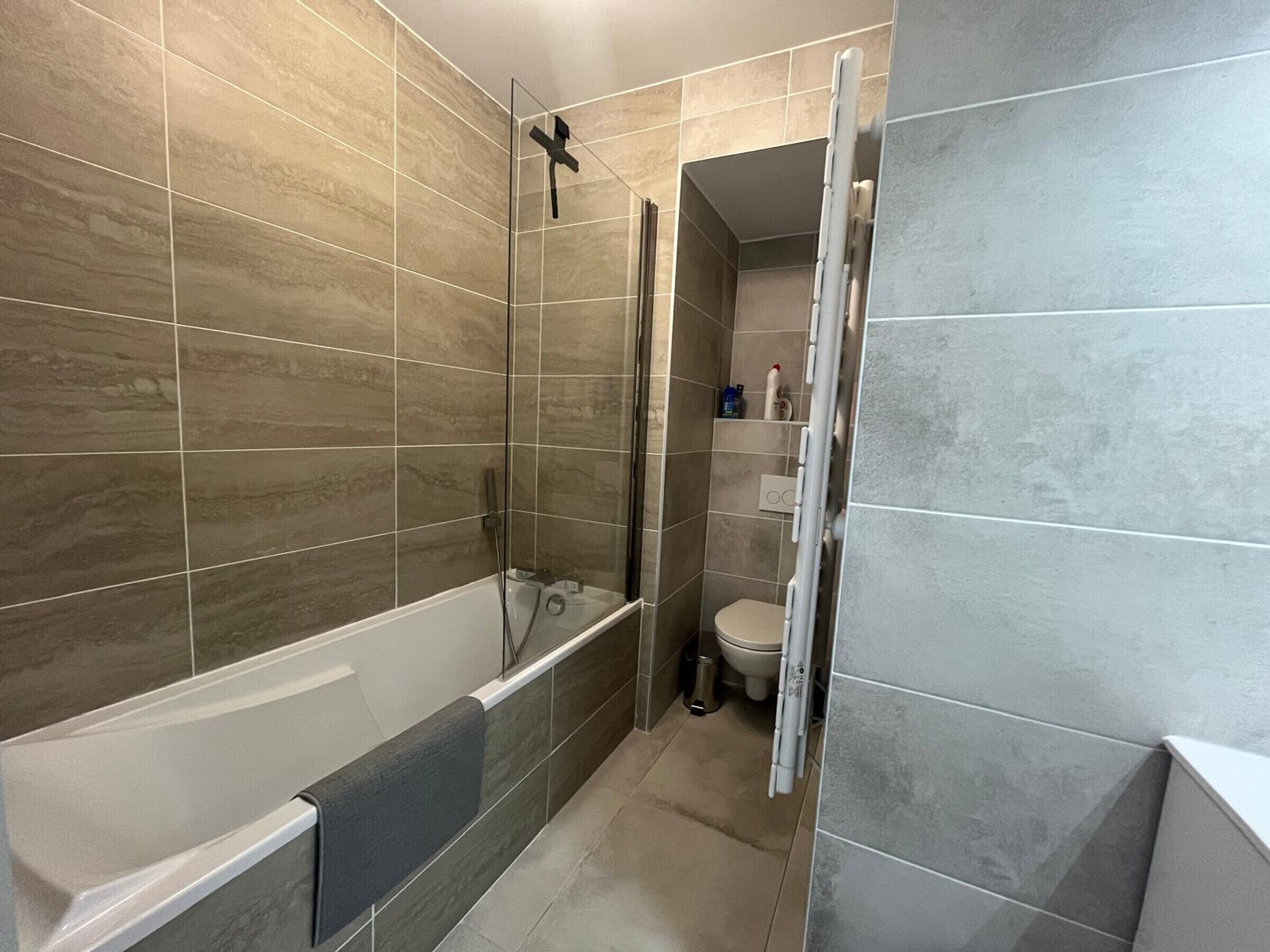 A modern bathroom with a bathtub, shower, and toilet.
