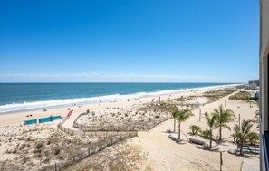 A beach view from a balcony with a clear sky, sandy beach, and a few palm trees.
