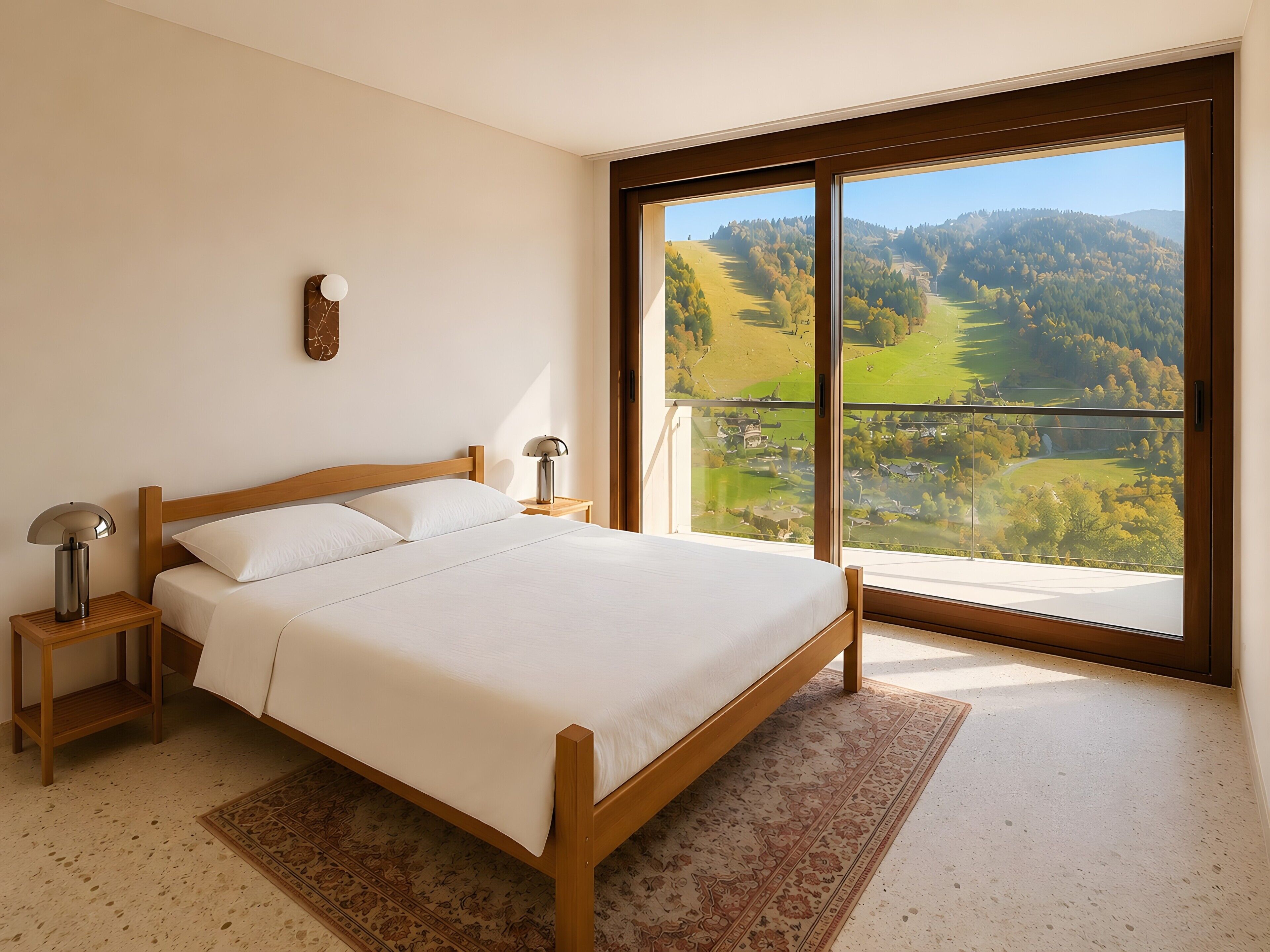 A bedroom with a large bed, two bedside tables, a nightstand, a window with a view of a green landscape.