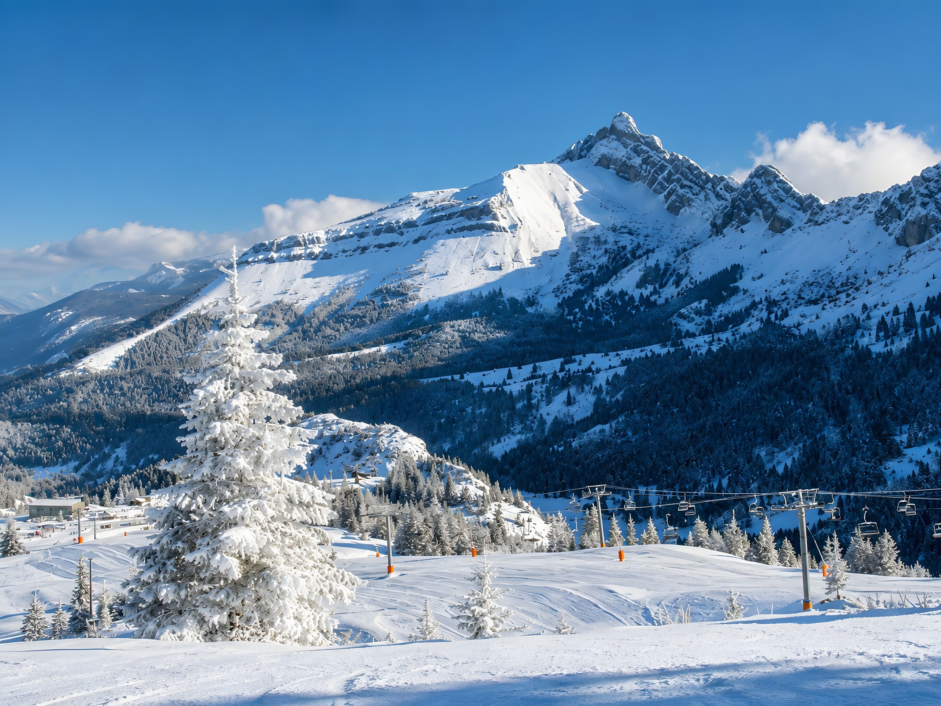 A snow-covered mountain landscape with ski lifts and a clear sky.