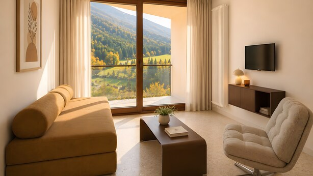 A modern living room with a sofa, armchair, and a coffee table, a flat-screen TV, and a view of a mountainous landscape through large windows. - Apartment 'L'instant Vercors, Balcon Des Cimes' with Mountain View, Balcony and Wi-Fi (Villard-de-Lans)