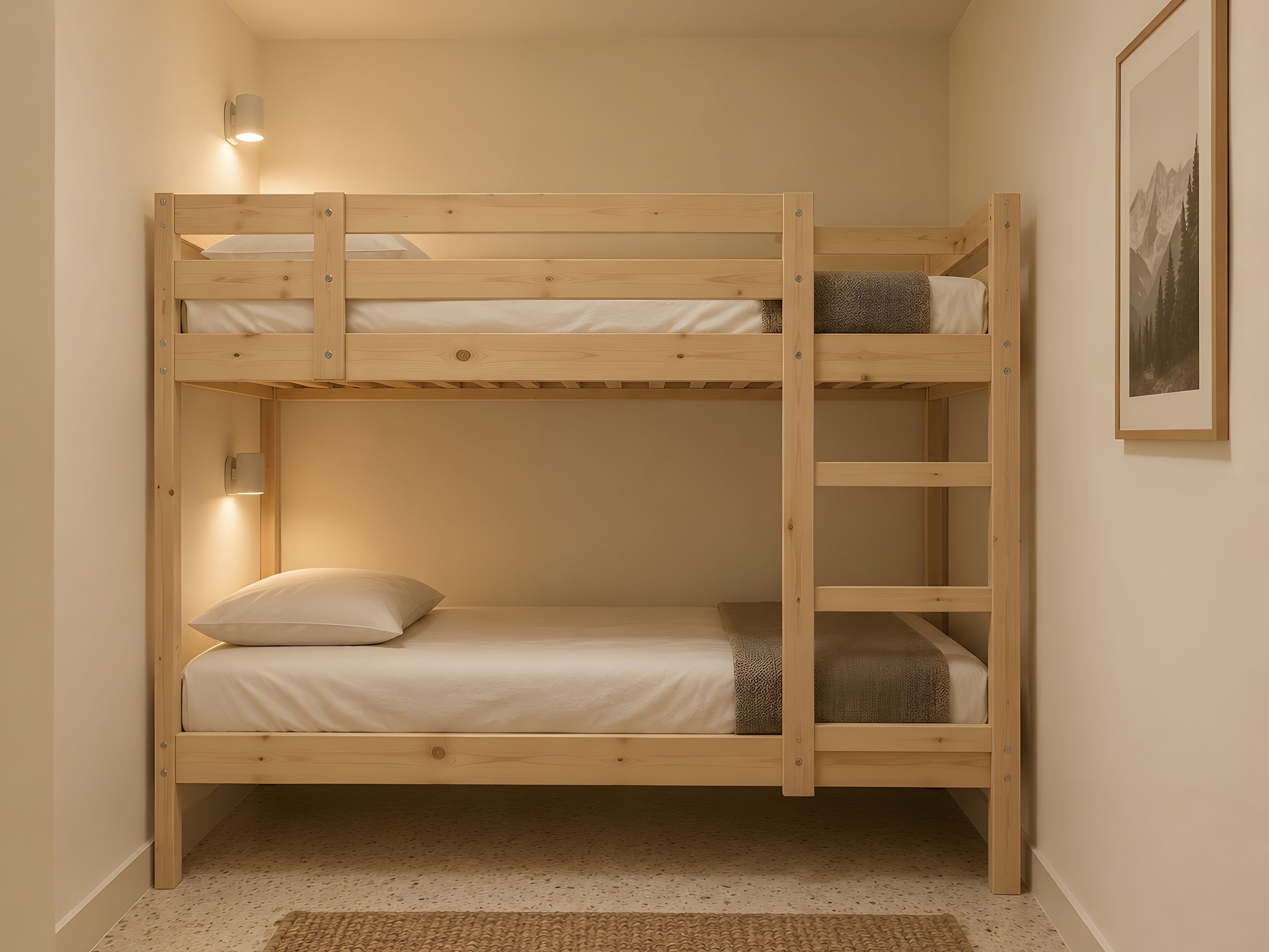 Un lit superposé avec un bureau escamotable, une lampe fixée au mur et un tableau encadré accroché au mur.