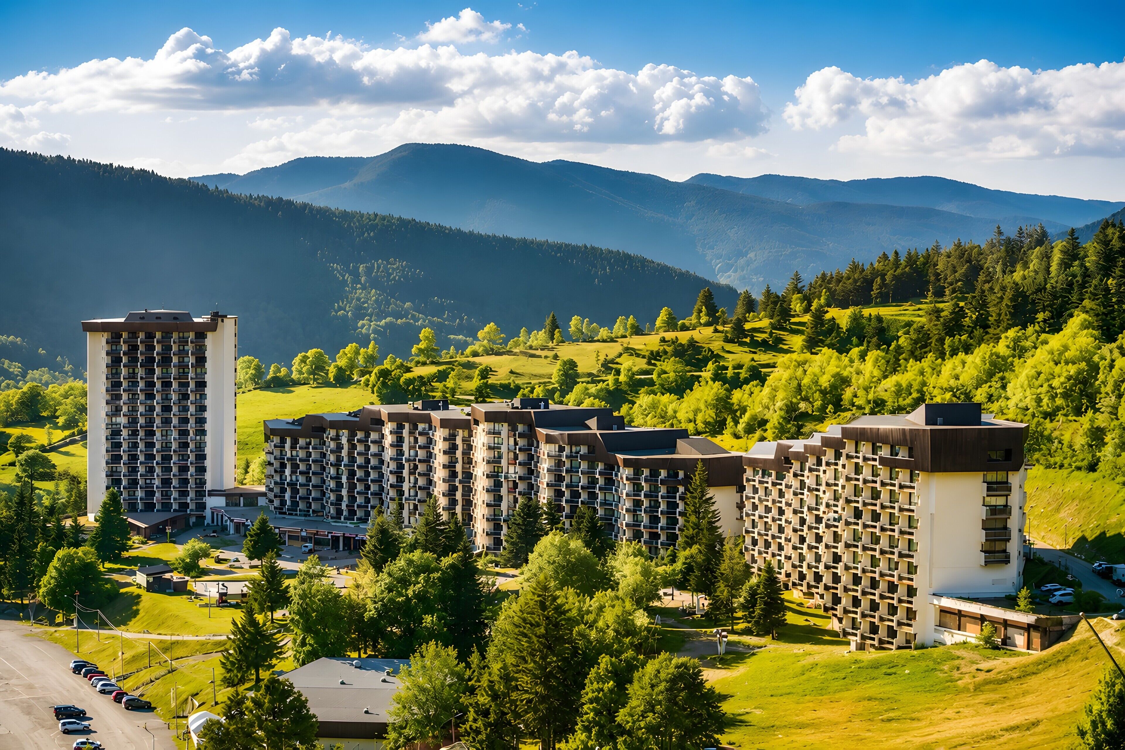 A residential complex with multiple high-rise buildings, surrounded by lush greenery and mountains in the background.