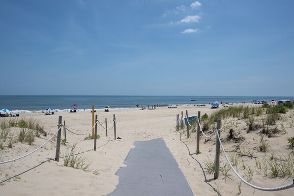 A beach pathway leading to the ocean with a clear sky.