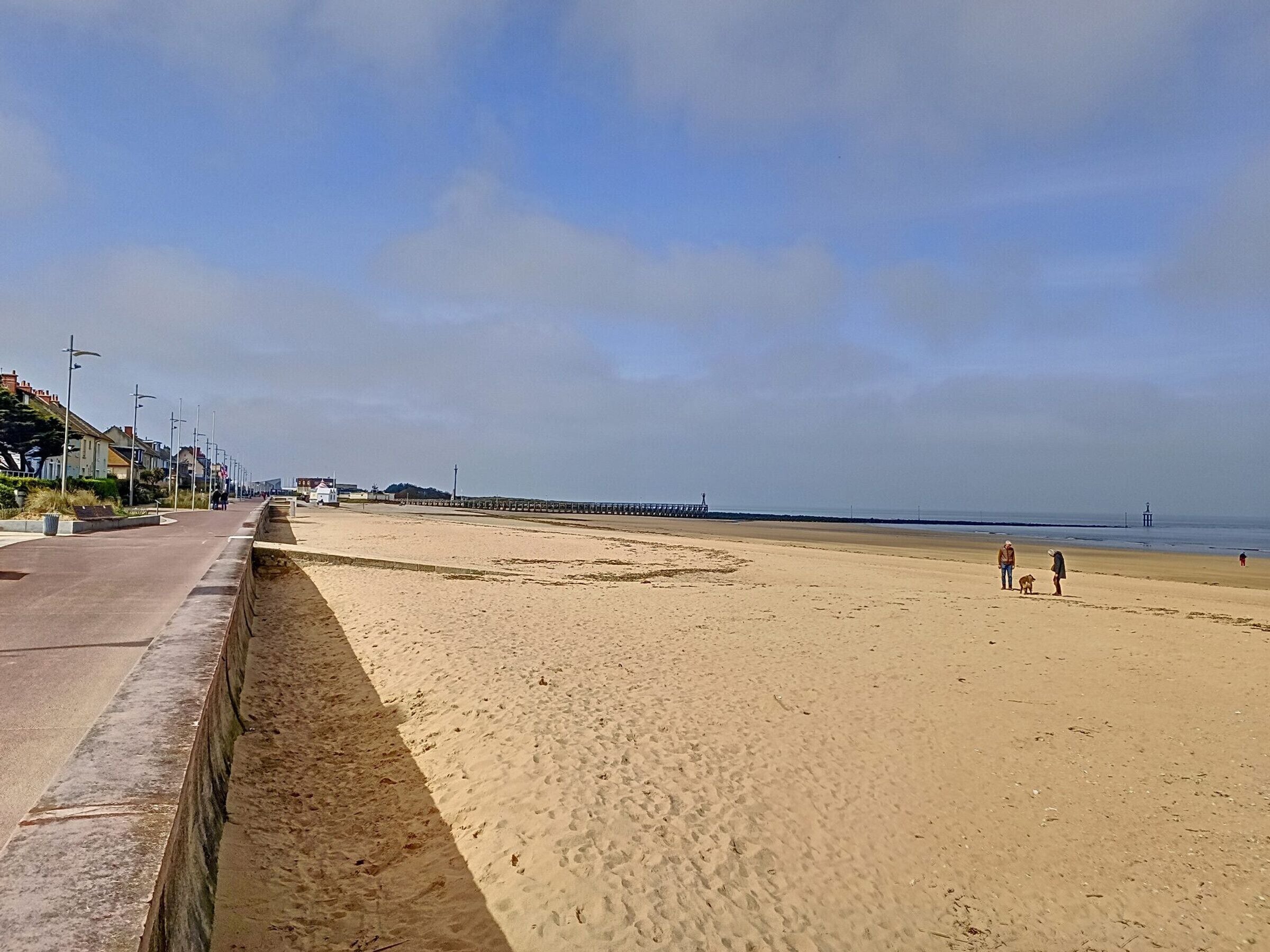 A wide sandy beach with a paved walkway on the left, a pier extending into the water, and a few people and dogs on the beach.