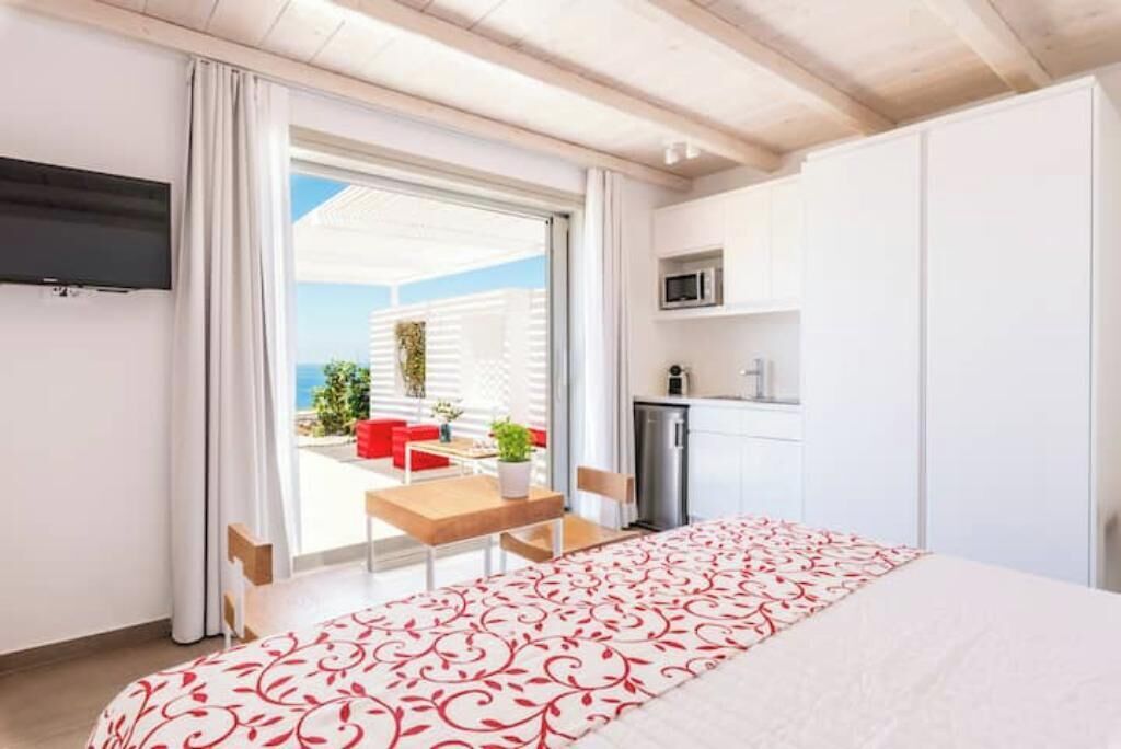 Une chambre avec un lit, une télévision, un coin cuisine et une vue sur l’extérieur.