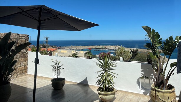 Un balcon avec vue sur la mer, des plantes en pot et un grand parasol.