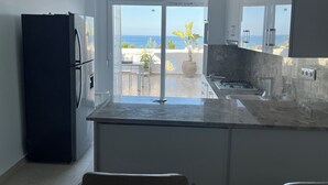 Une cuisine moderne avec vue sur l’océan, un réfrigérateur, un coin repas avec des chaises et une grande plante en pot.